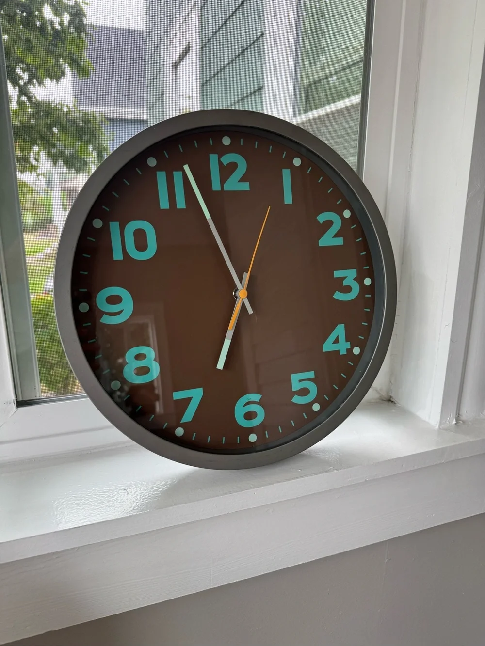 Crate&Barrel Brown Clock with Teal Numerals and Silver Rim